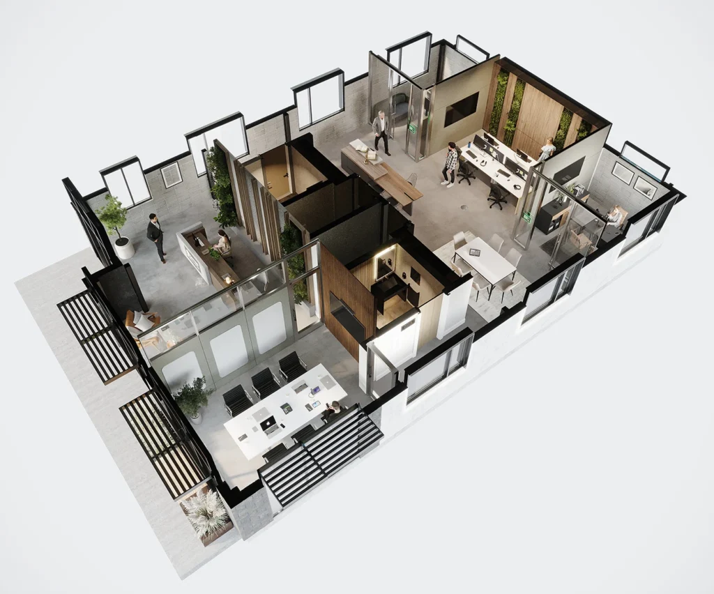 Furnished Bee Creek office plan showing glass-partitioned meeting areas, rows of desks, planted wall panels and shared circulation around enclosed rooms
