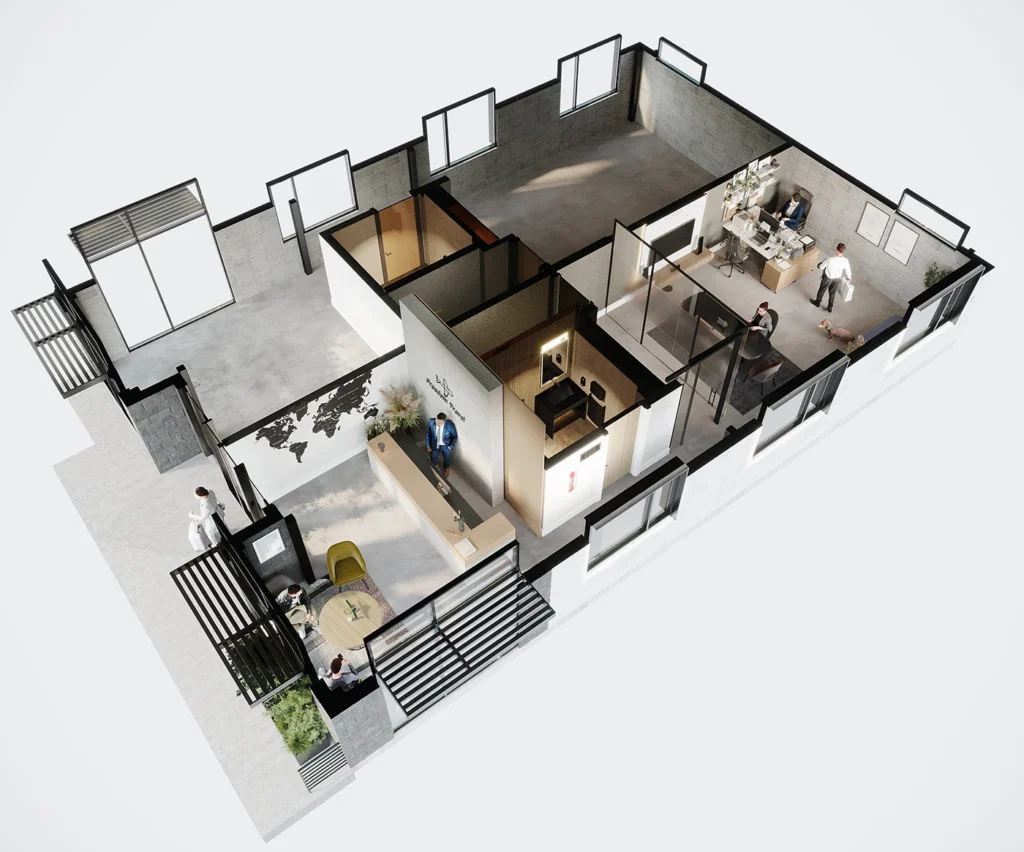 Bee Creek cutaway showing a reception counter, round-table waiting area, glass-partitioned office and a large unfurnished space along the windows