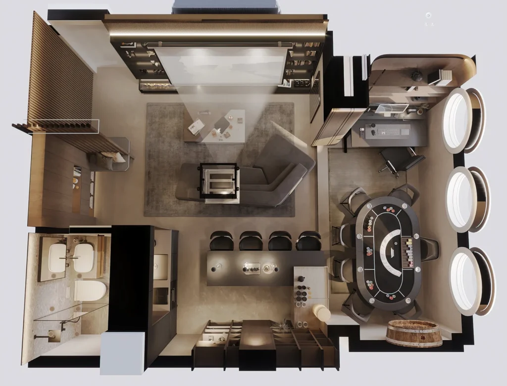 Overhead London Man Cave render with a lowered projection screen, corner sofa, bar counter, poker table and desk beside circular windows