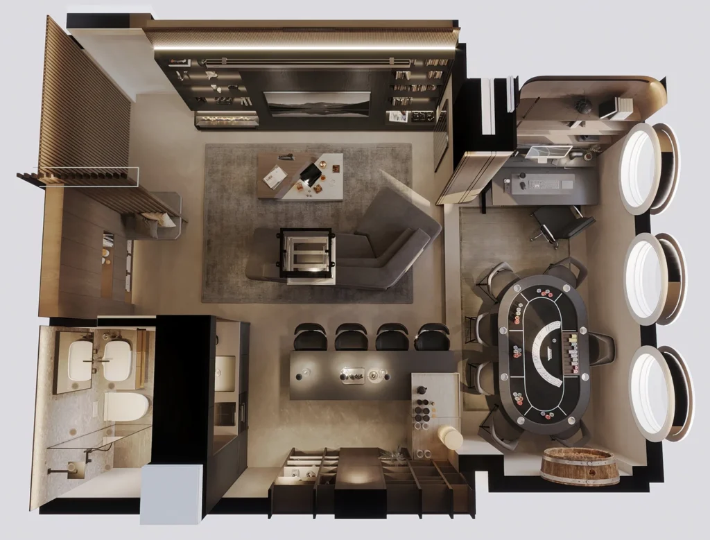 London Man Cave overhead view with the projection screen retracted, revealing the media wall behind the lounge, bar and poker area