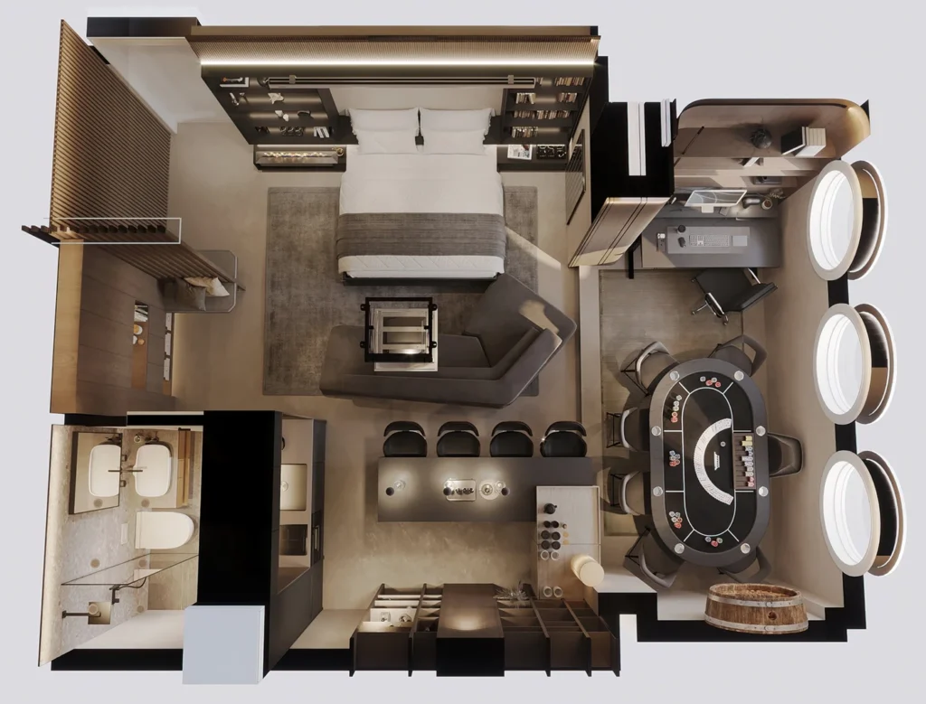 Overhead London Man Cave view showing a bed extended from the media wall, with the sofa, poker table and bar still visible