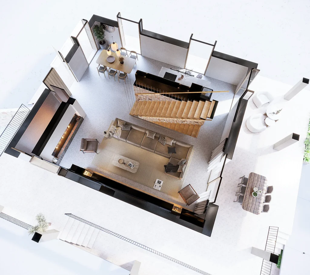 Son Fe villa cutaway showing a timber staircase, open kitchen, dining table, corner-sofa lounge and furnished terrace outside the living area