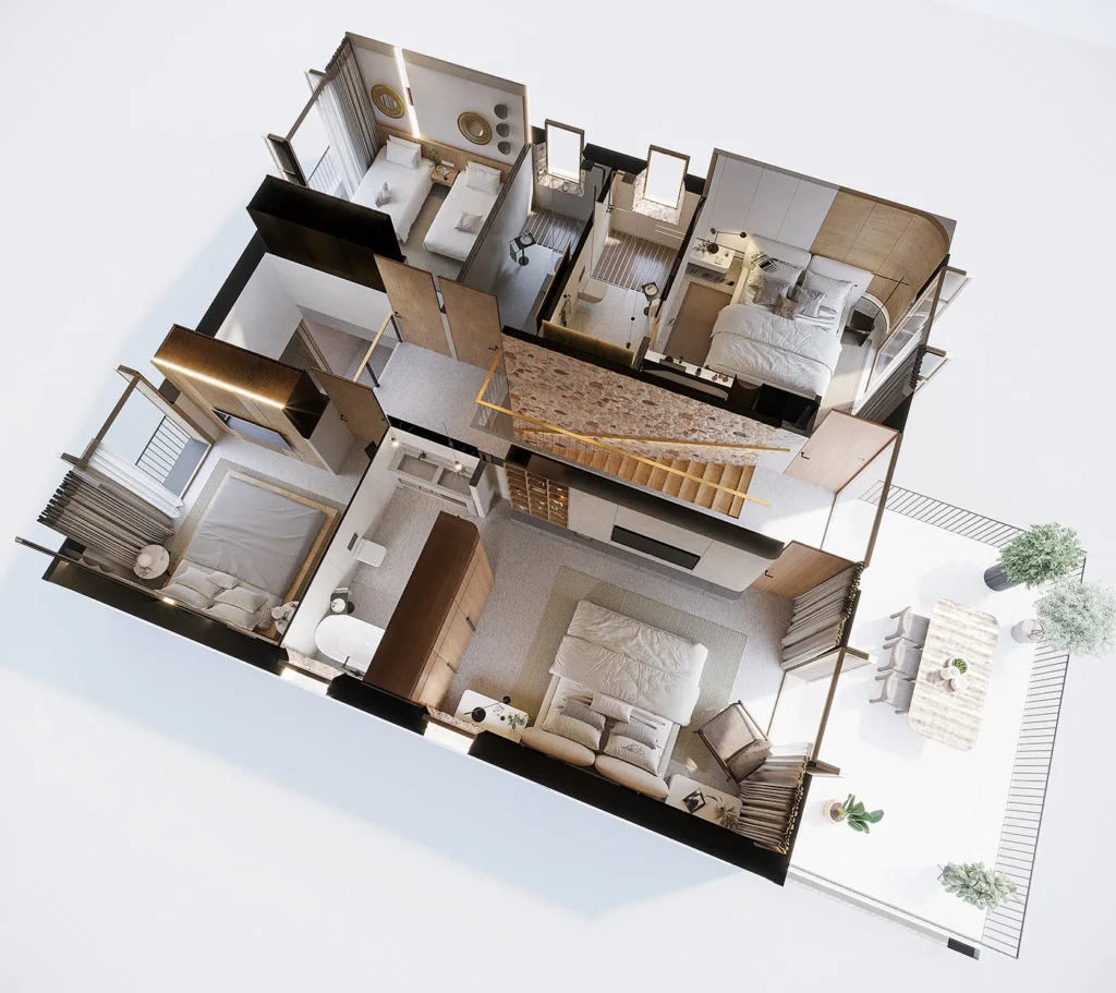 Furnished Son Fe floor plan showing bedrooms and bathrooms around the central staircase, with wardrobes and an outdoor dining terrace