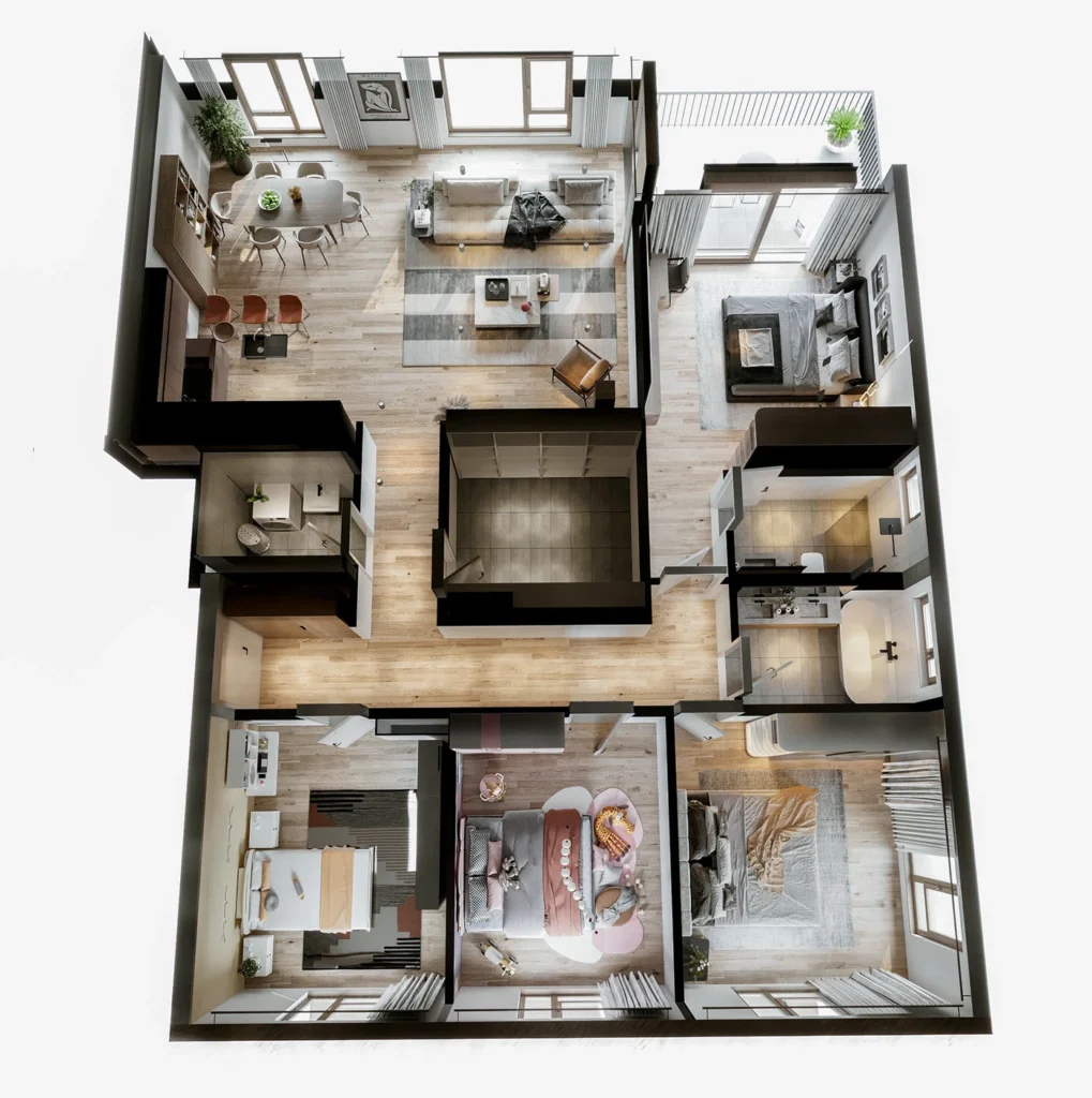Furnished Swiss residential plan showing an open kitchen and dining area, lounge, four bedrooms, bathrooms and a small balcony
