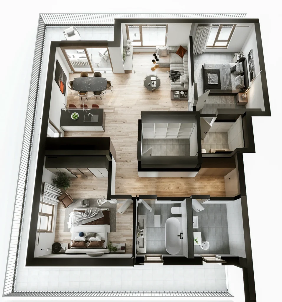 Swiss residential overhead plan showing a kitchen island, dining and lounge areas, two bedrooms, bathrooms and a balcony wrapping around the interior