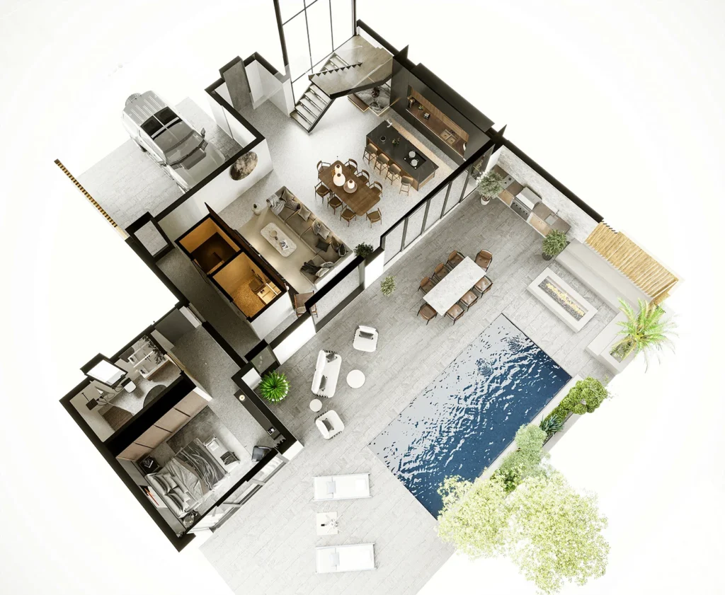 Cutaway villa plan showing the kitchen island, dining table, lounge, bedroom and furnished pool terrace in the Turks and Caicos project