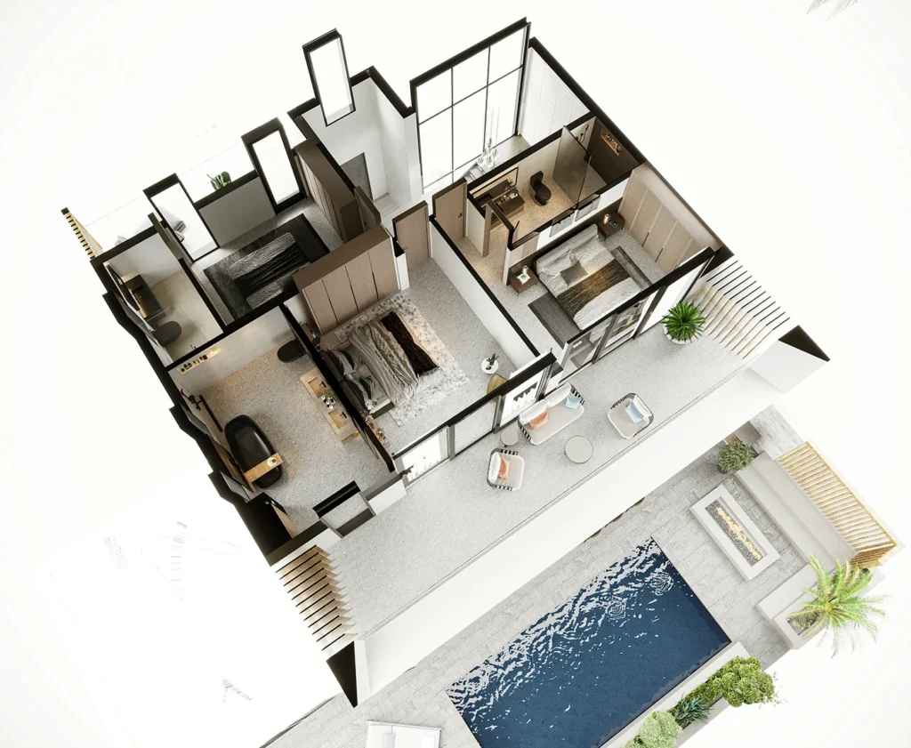 Upper-floor cutaway showing three bedrooms, bathrooms, wardrobes and balcony seating above the partially visible pool in the Turks and Caicos villa